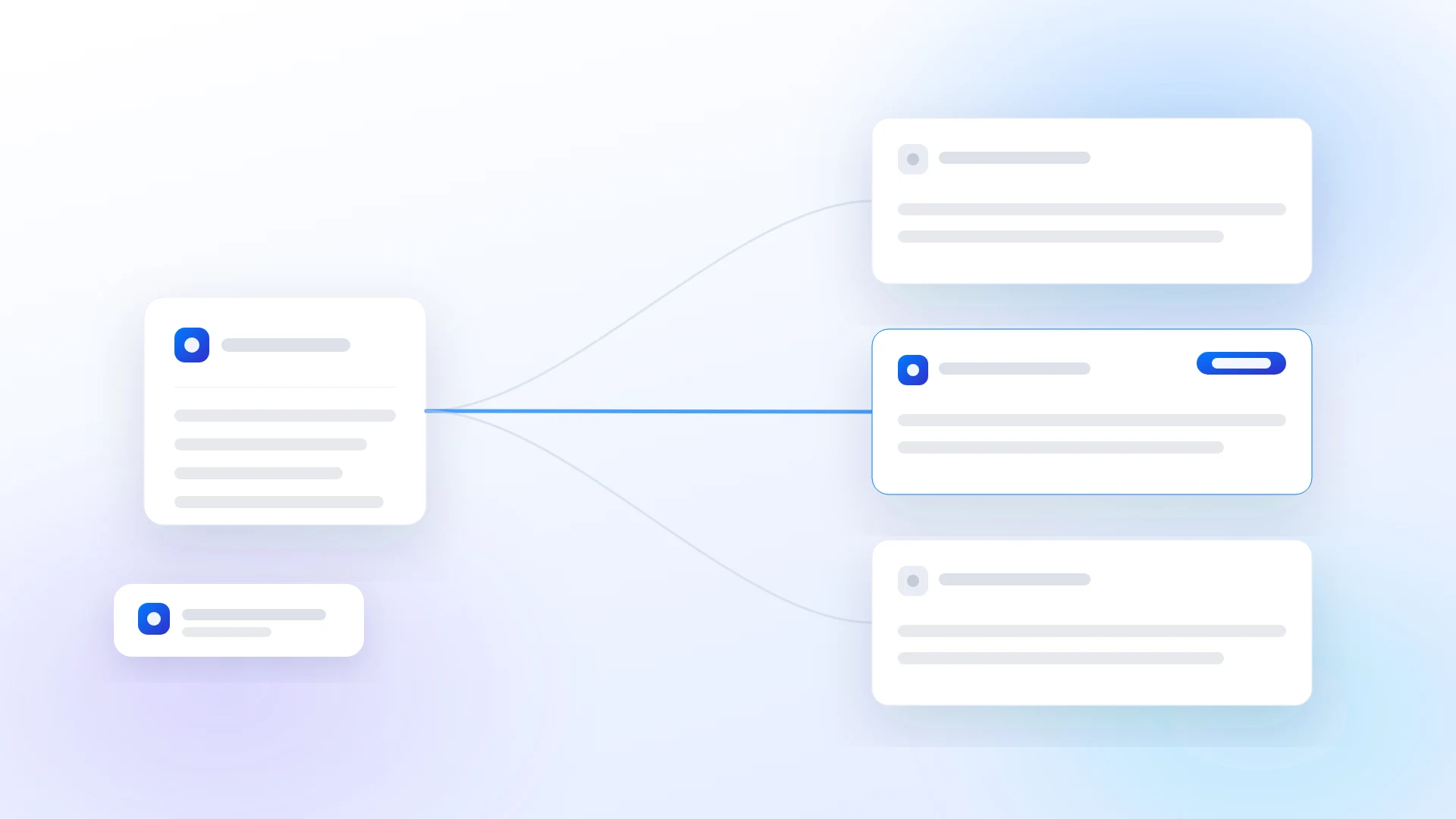 One source document branching into three finished content pieces, with the middle output lit in blue