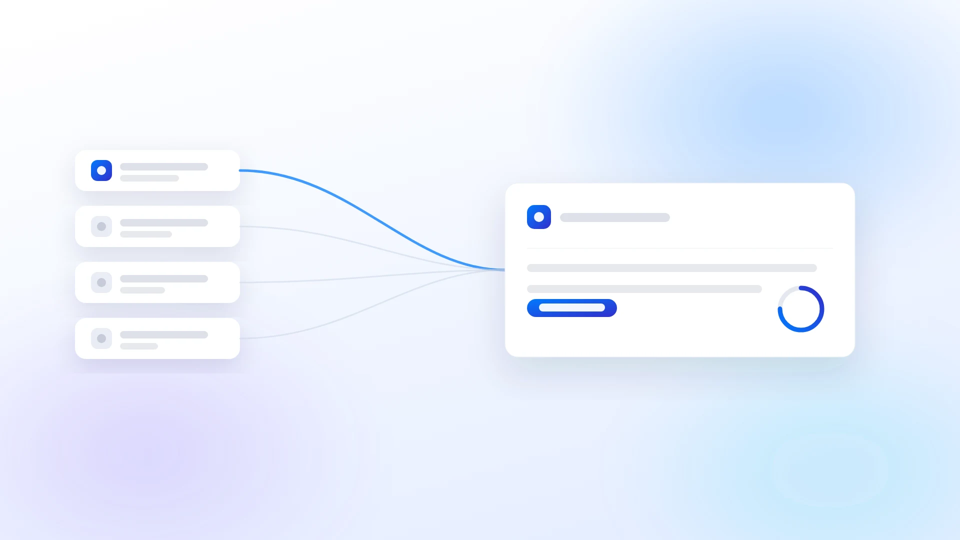 Four inbound enquiries converging into a single qualified lead card, with the first one and a response-time ring lit in blue